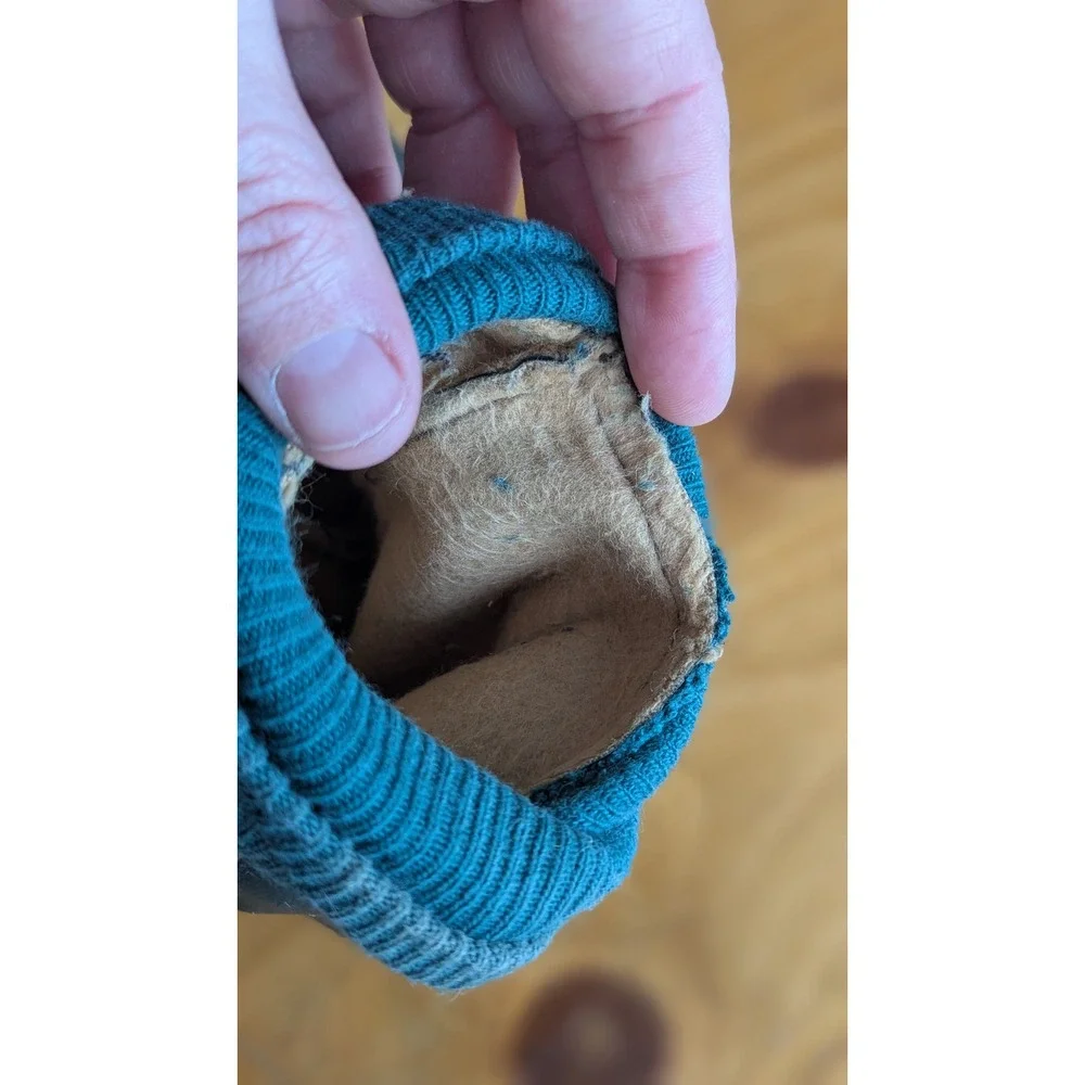 Vintage Dark Green Leather‎ Gloves Ribbed Knit Cuffs Fleece Lined Winter Forest